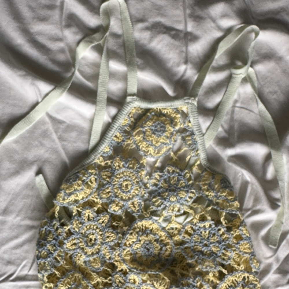 For Love & Lemons Crochet Mini Dress in Pastel Yellow and Light Blue - Picture 6 of 9